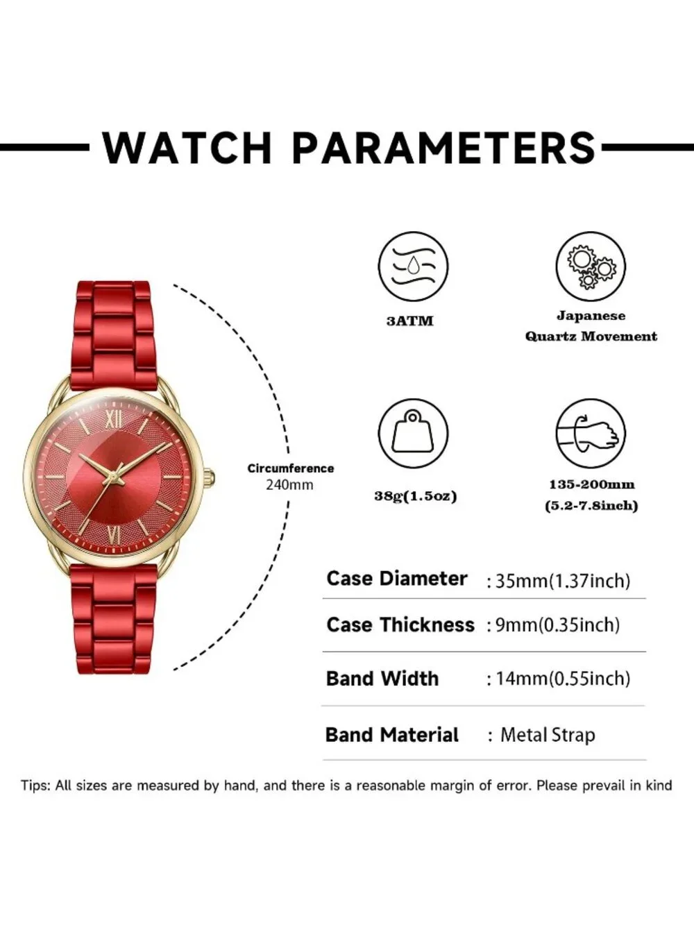 Women's Red Roman Numeral Dial Analog Alloy Steel Strap Quartz Wrist Watches